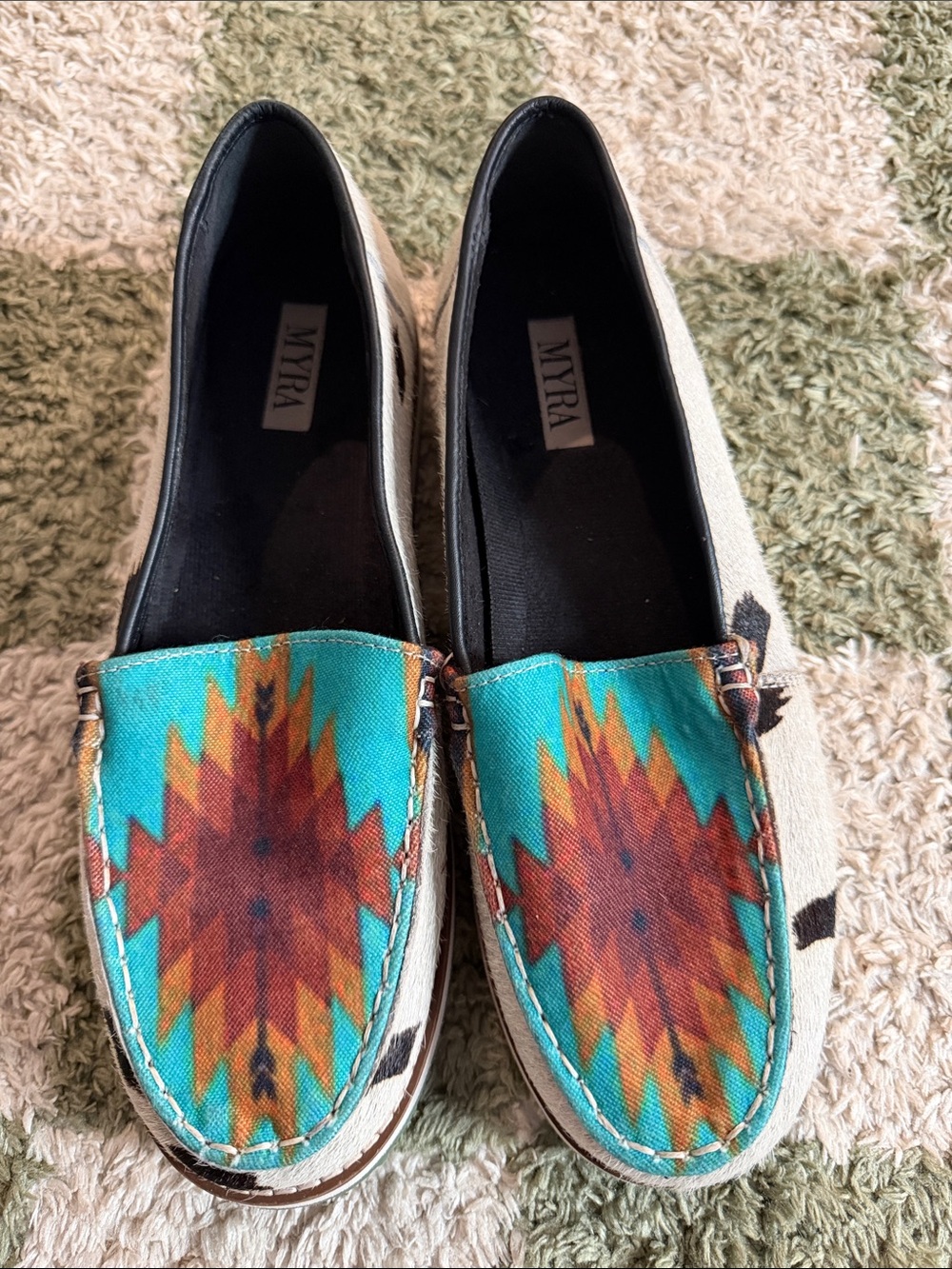 Myra Bag Turquoise & Brown Patterned Canvas Slip-On Loafers